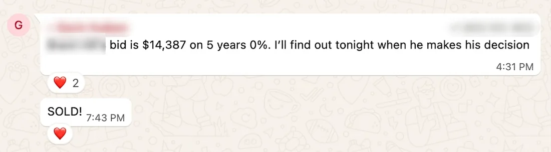 Client messages showing a $14,387 deal marked SOLD, customer name redacted